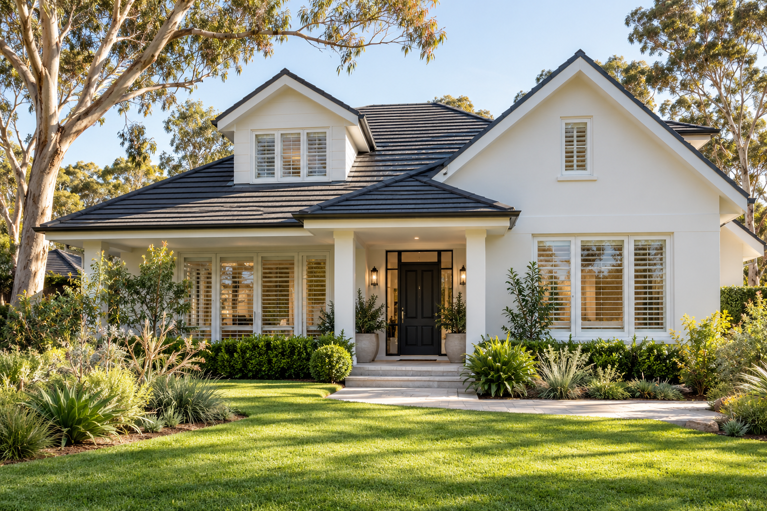 A sunlit suburban home with a green garden